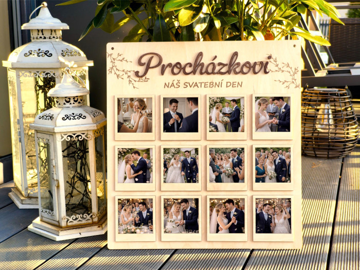 Svatební dřevěná deska na fotografie „Náš svatební den“ s příjmením novomanželů | D-decor (1)