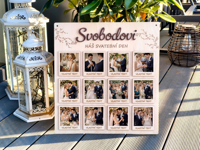 Svatební dřevěná deska na fotografie „Náš svatební den“ s příjmením novomanželů - vlastní texty | D-decor (1)