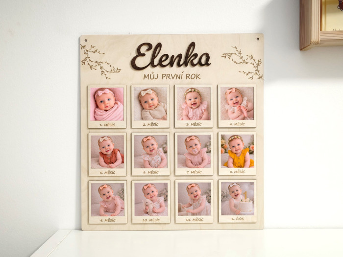 Dřevěná deska "Můj první rok" se jménem a rámečky na fotografie s motivem větviček | D-decor (1)