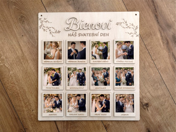 Svatební dřevěná deska na fotografie „Náš svatební den“ s příjmením novomanželů - 12 svatebních okamžiků | D-decor (2)