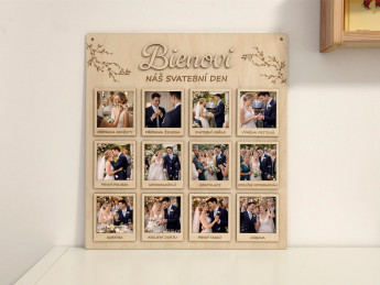 Svatební dřevěná deska na fotografie „Náš svatební den“ s příjmením novomanželů - 12 svatebních okamžiků | D-decor (3)