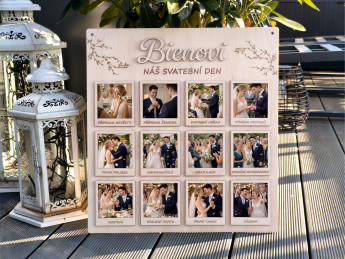 Svatební dřevěná deska na fotografie „Náš svatební den“ s příjmením novomanželů - 12 svatebních okamžiků | D-decor