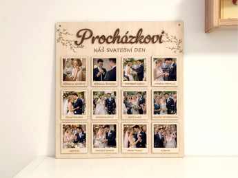 Svatební dřevěná deska na fotografie „Náš svatební den“ s příjmením novomanželů - 12 svatebních okamžiků | D-decor (7)