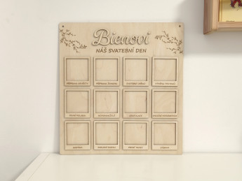 Svatební dřevěná deska na fotografie „Náš svatební den“ s příjmením novomanželů - 12 svatebních okamžiků | D-decor (4)