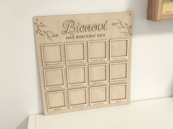 Svatební dřevěná deska na fotografie „Náš svatební den“ s příjmením novomanželů - 12 svatebních okamžiků | D-decor (5)