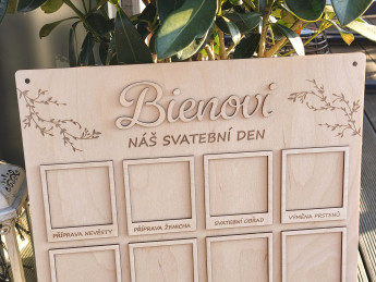 Svatební dřevěná deska na fotografie „Náš svatební den“ s příjmením novomanželů - 12 svatebních okamžiků | D-decor (6)