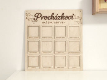 Svatební dřevěná deska na fotografie „Náš svatební den“ s příjmením novomanželů - 12 svatebních okamžiků | D-decor (8)