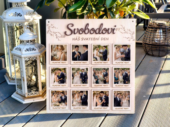 Svatební dřevěná deska na fotografie „Náš svatební den“ s příjmením novomanželů - vlastní texty | D-decor (1)