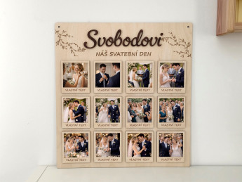 Svatební dřevěná deska na fotografie „Náš svatební den“ s příjmením novomanželů - vlastní texty | D-decor (3)