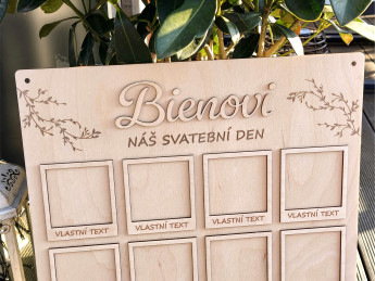 Svatební dřevěná deska na fotografie „Náš svatební den“ s příjmením novomanželů - vlastní texty | D-decor (5)