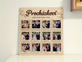 Svatební dřevěná deska na fotografie „Náš svatební den“ s příjmením novomanželů - vlastní texty | D-decor (8)
