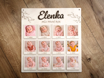 Dřevěná deska "Můj první rok" se jménem a rámečky na fotografie s motivem větviček | D-decor (2)