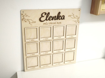 Dřevěná deska "Můj první rok" se jménem a rámečky na fotografie s motivem větviček | D-decor (4)